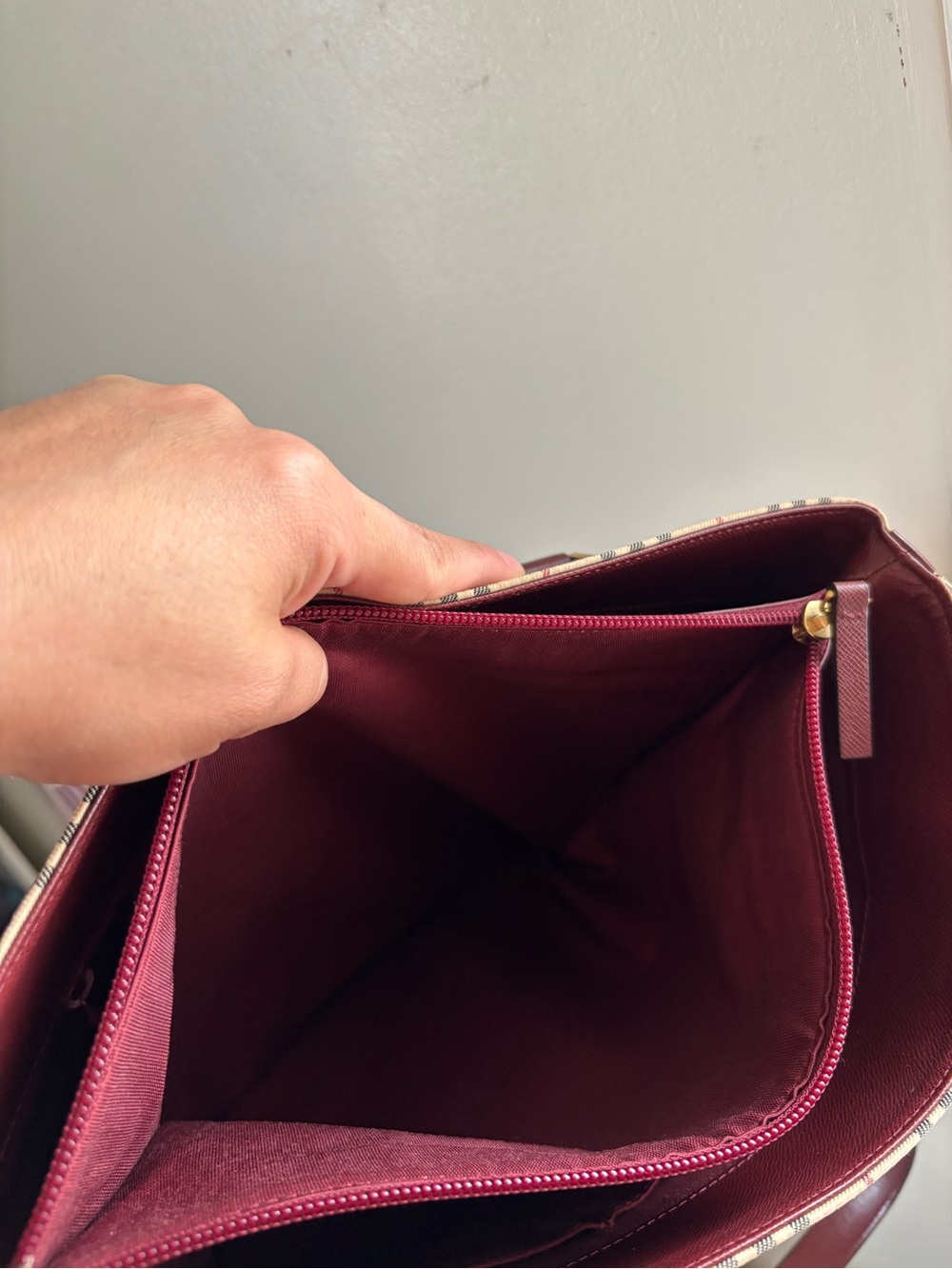 Plaid Canvas Tote Bag with Brown Leather Trim - Picture 11 of 14